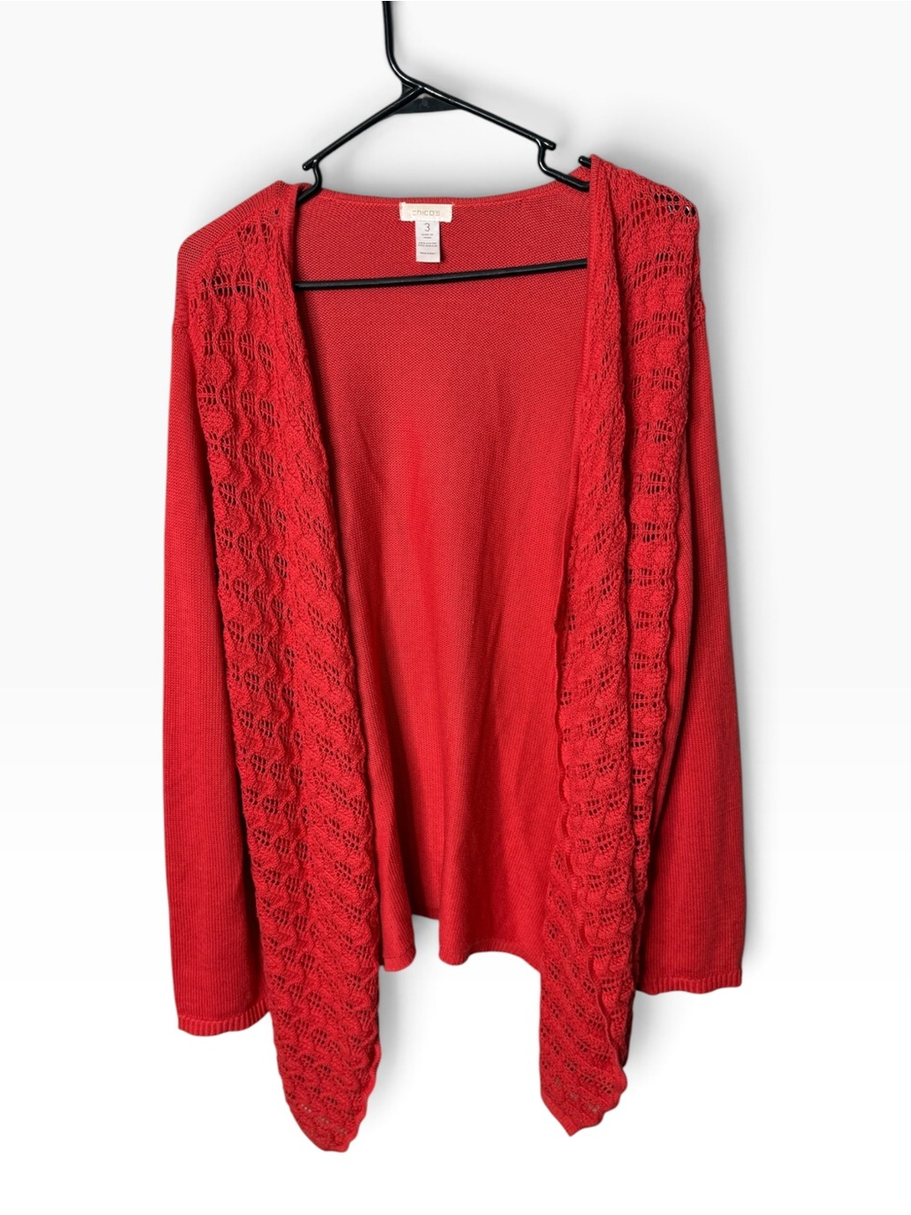 CHICO'S Red Size 3 XL 16/18 Open Front Cardigan Crochet Trim Sweater